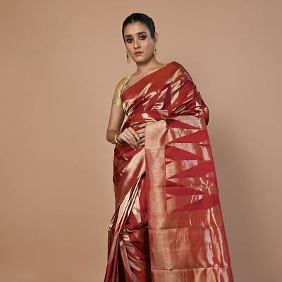 Kanchipuram Silk Geometrical Brocade Maroon Saree