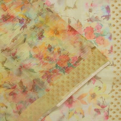 Organza Checks And Floral Printed Yellow Saree