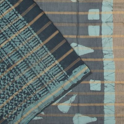 Chanderi Silk Batik Printed And Lines Blue Saree