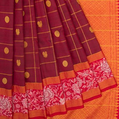 Petite Point Kanchipuram Silk Checks And Butta Maroon Saree