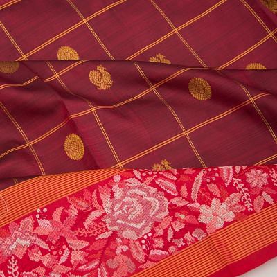 Kanchipuram Silk Checks And Butta Maroon Saree