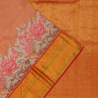 Kanchipuram Silk Butta Peach Saree With Embroidery And Cut Work