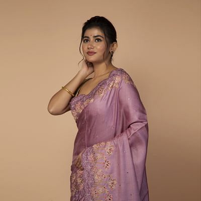 Tussar Plain Lavender Saree With Scallop Embroidery Border