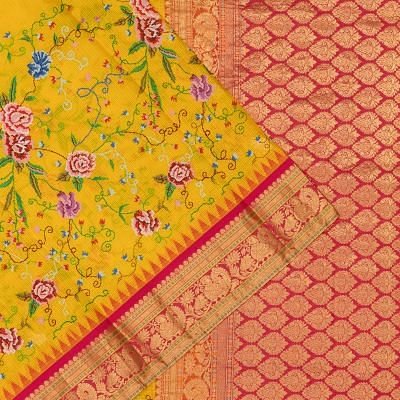 Kota Silk Embroidery Jaal Yellow Saree With Kanchi Border