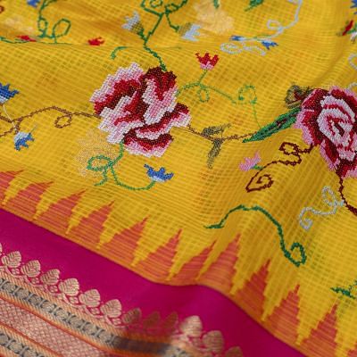 Kota Silk Embroidery Jaal Yellow Saree With Kanchi Border