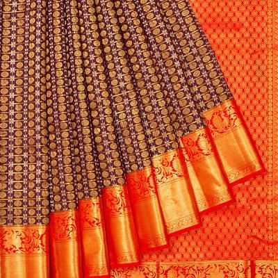 Kanchipuram Silk Checks And Butta Brown Saree