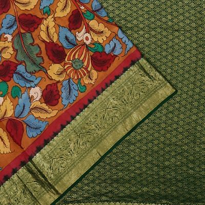 Kanchipuram Silk Hand Painted Kalamkari Brown Saree