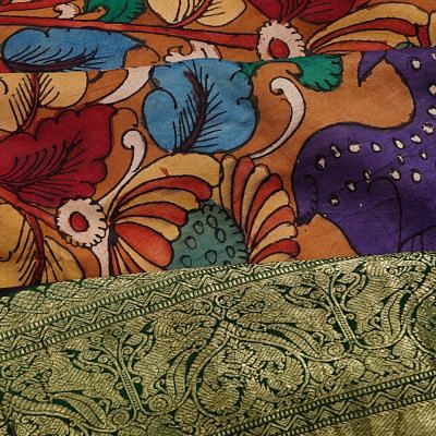 Kanchipuram Silk Hand Painted Kalamkari Brown Saree