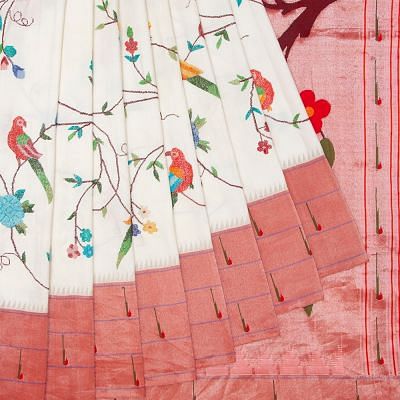 Petite Point Embroidery Paithani Silk White Saree With Triple Muniya Border