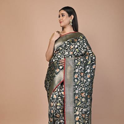 Banarasi Silk Shikargah Jaal Bottle Green Saree