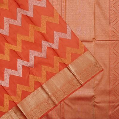 Kanchipuram Silk Zig Zag Lines Orange Saree