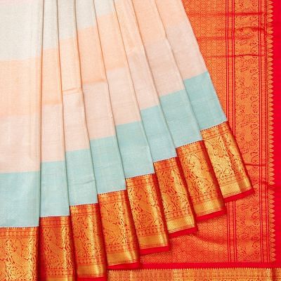 Kanchipuram Silk Tissue Horizontal Lines Multicolor Saree