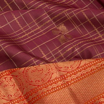 Kanchipuram Silk Checks And Butta Brown Saree