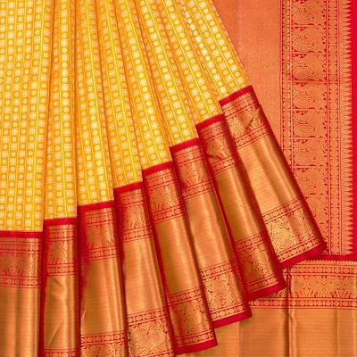 Kanchipuram Silk Vertical Lines And Butta Yellow Saree