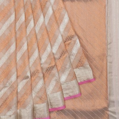 Zari Kota Cotton Tissue Diagonal Lines White Saree