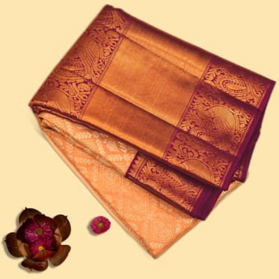 Kanchipuram Silk Jaal And Butta Pastel Orange Saree