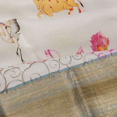 Kanchipuram Silk Pichwai Printed White Saree