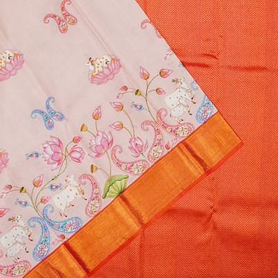 Kanchipuram Silk Pichwai Printed Baby Pink Saree