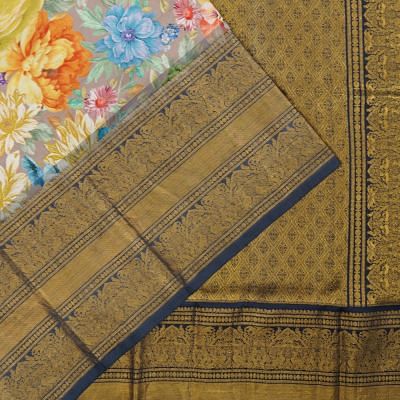 Kanchipuram Silk Floral Printed Grey Saree