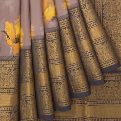 Kanchipuram Silk Floral Printed Snuff Saree With Ikat Blouse