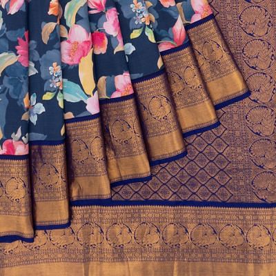 Kanchipuram Silk Printed And Butta Blue Saree