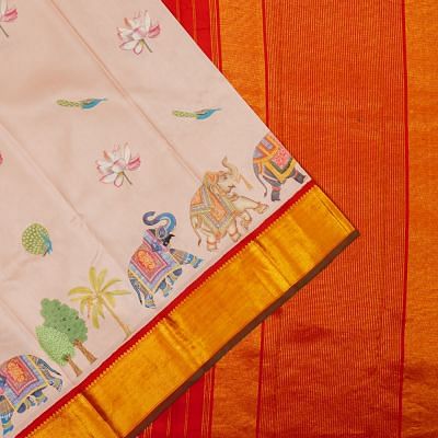 Kanchipuram Silk Pichwai Printed Peach Saree