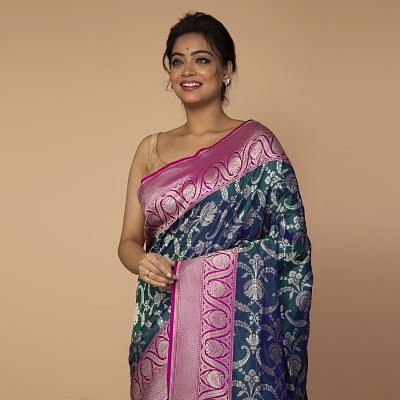 Banarasi Silk Jaal Peacock Blue Saree