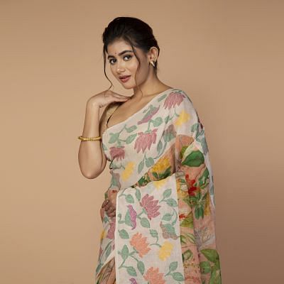 Chanderi Silk Floral Printed Cream Saree