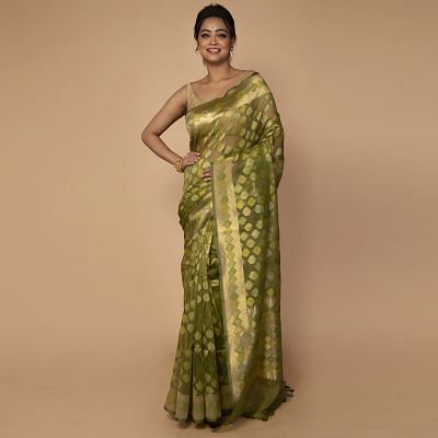 Banarasi Kora Organza Butta Green Saree