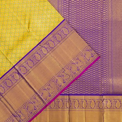 Kanchipuram Silk Criss Cross Checks And Butta Yellow Saree