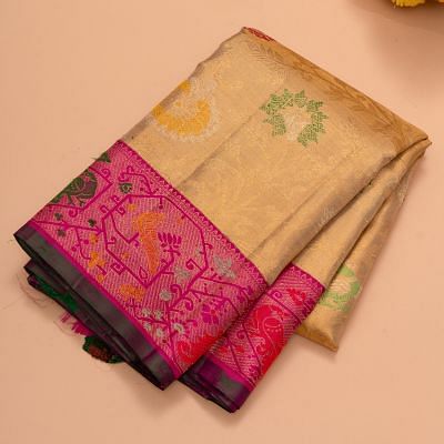 Kanchipuram Silk Tissue Brocade Jaal Gold Saree With Paithani Inspired Border