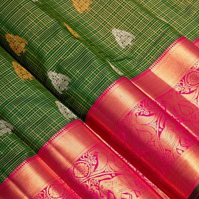 Kanchipuram Silk Checks And Butta Dark Green Saree