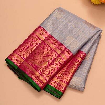 Kanchipuram Silk Checks And Butta Grey Saree