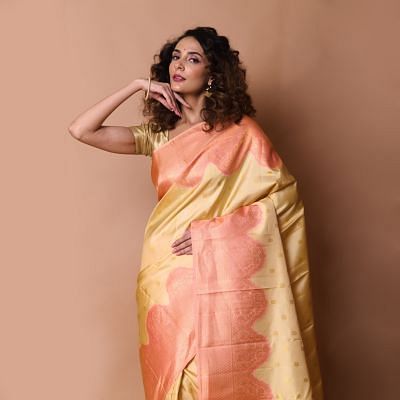 Radiant-Yellow Banarasi Silk Saree With Heavy Zari Embroidered Border And  Aanchal | Exotic India Art