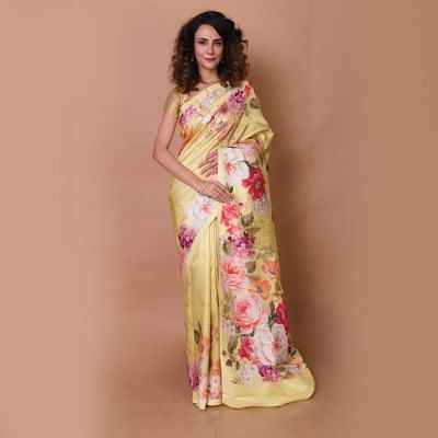 Kanchipuram Silk Brocade And Floral Printed Lemon Yellow Saree