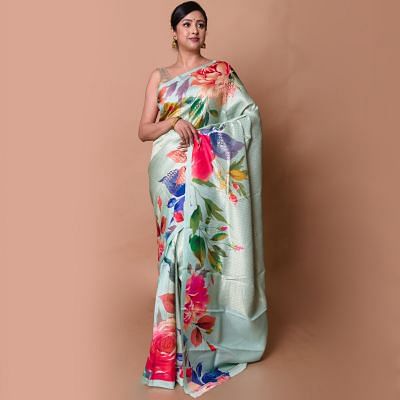 Kanchipuram Silk Brocade And Floral Printed Pastel Green Saree
