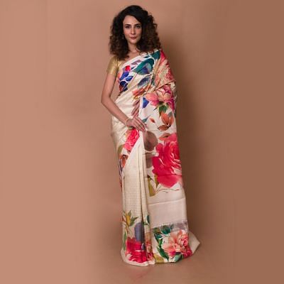 Kanchipuram Silk Brocade And Floral Printed Cream Saree