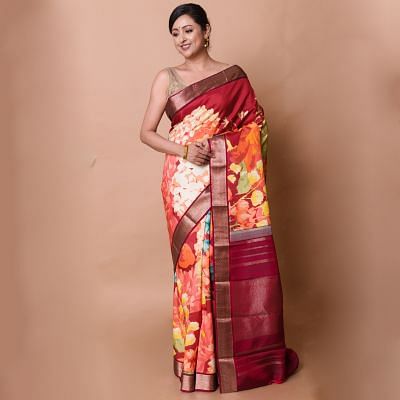 Kanchipuram Silk Floral Printed Maroon Saree