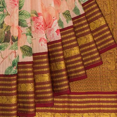 Kanchipuram Silk Floral Printed Peach Saree