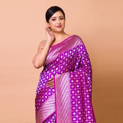 Banarasi Silk Checks And Butta Violet Saree