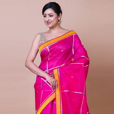 Banarasi Kora Organza Checks And Butta Magenta Pink Saree
