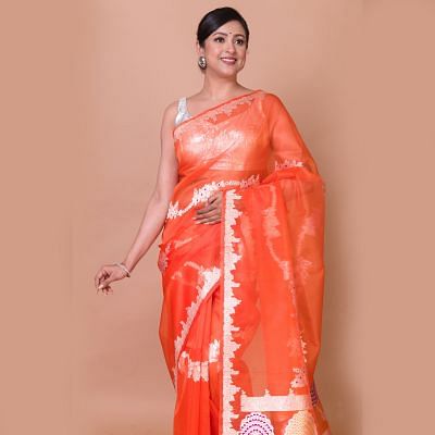 Banarasi Kora Organza Jaal Orange Saree