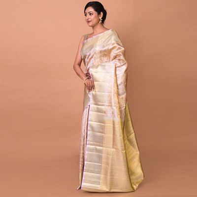 Kanchipuram Silk Tissue Brocade Cream Saree