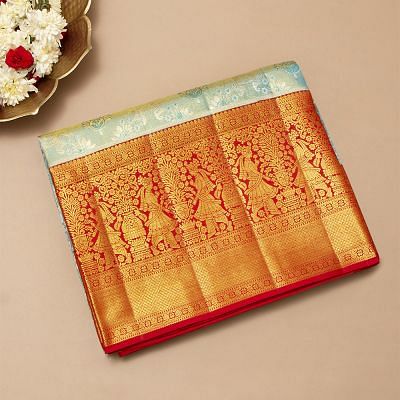 Kanchipuram Silk Tissue Criss Cross Checks And Butta Sky Blue Saree