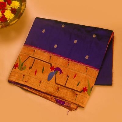 Paithani Silk Butta Royal Blue Saree With Akruthi Border