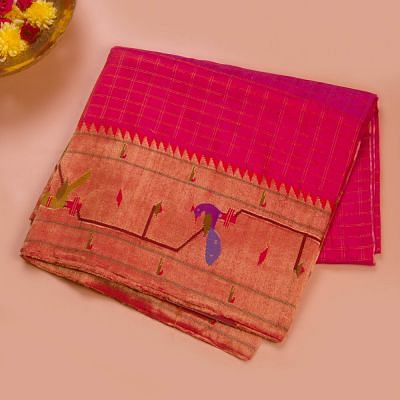 Paithani Silk Checks Pink Saree With Akruthi Border