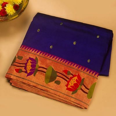 Paithani Silk Butta Royal Blue Saree With Lotus Border