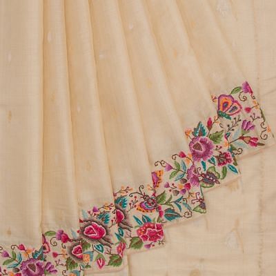 Tussar Butta Beige Saree With Multicolour Floral Embroidery Border