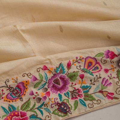 Tussar Butta Beige Saree With Multicolour Floral Embroidery Border