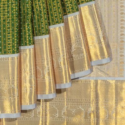 Kanchipuram Silk Checks And Butta Bottle Green Saree